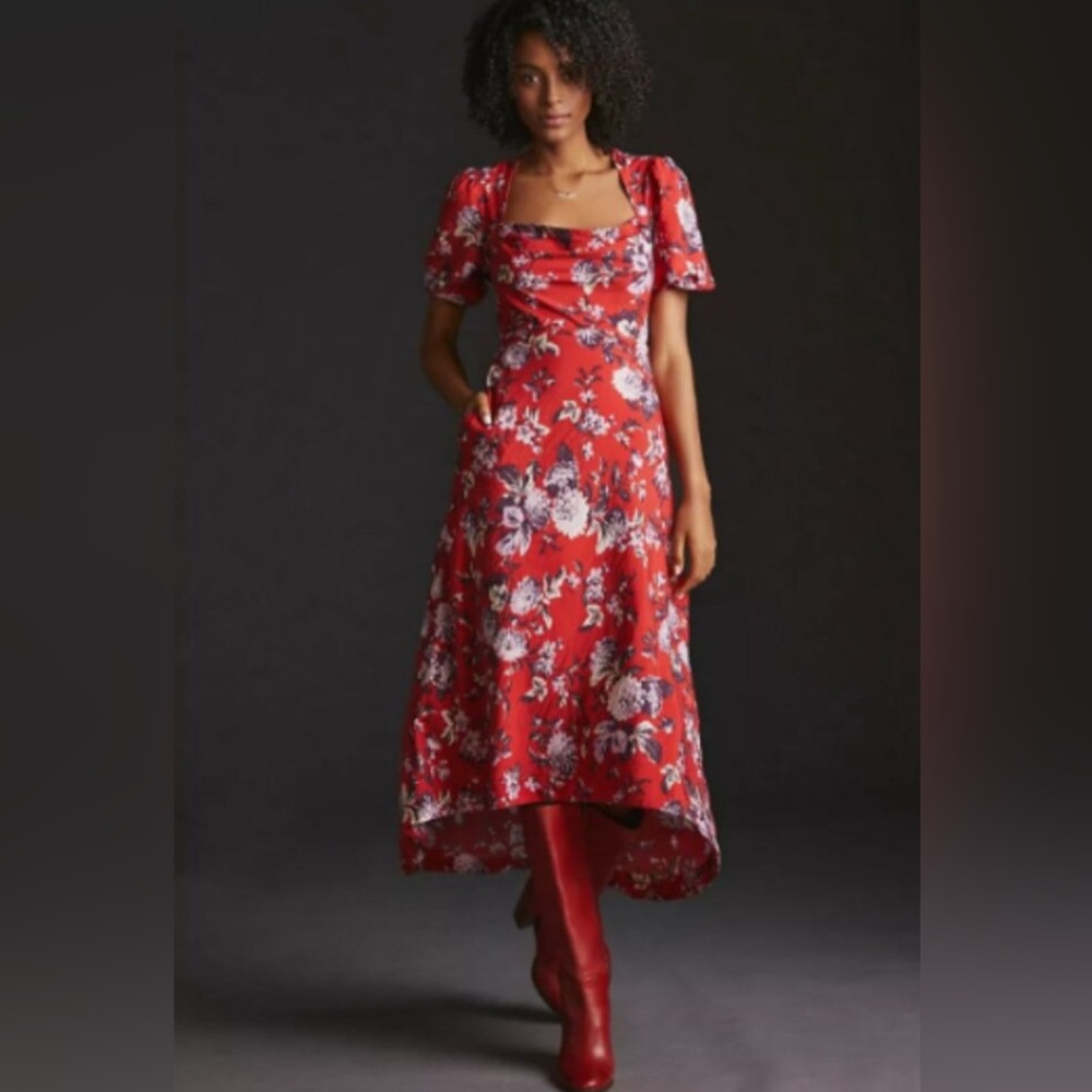 Anthropologie Maeve Red and White Cut Out Tiered Floral Dress